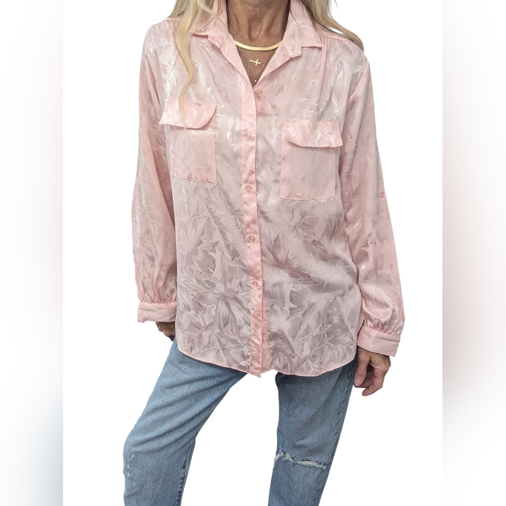 Vintage 80s Pink Satin Floral Blouse Sheer Jacquard Button Up Coquette Romance